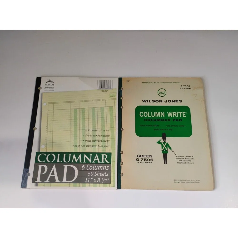Set of 2 vintage accounting ledgers, both 6-column, 50 pages, green  New